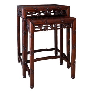 Asian Rosewood Nesting Tables With Carved Bamboo Bird and Flower Fretwork For Sale