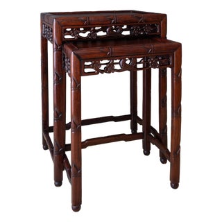 Asian Rosewood Nesting Tables With Carved Faux Bamboo Bird and Flower Fretwork For Sale