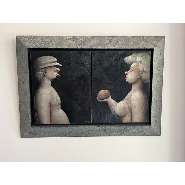 Jeanne Lorioz (France, born in 1954) “Adam and Eve” – Original oil-on-canvas diptych – Signed – Provenance: Galerie...