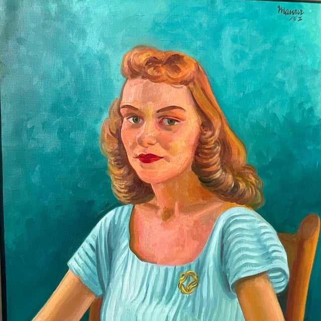 Vintage Boho 1952 Original Oil Portrait on Canvas For Sale - Image 4 of 10