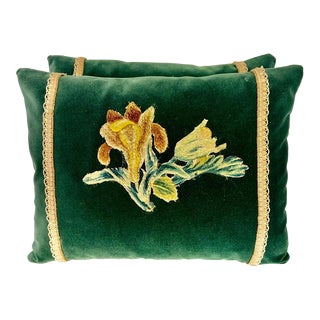 Pair of Custom Mla Appliquéd Teal Velvet Pillows For Sale