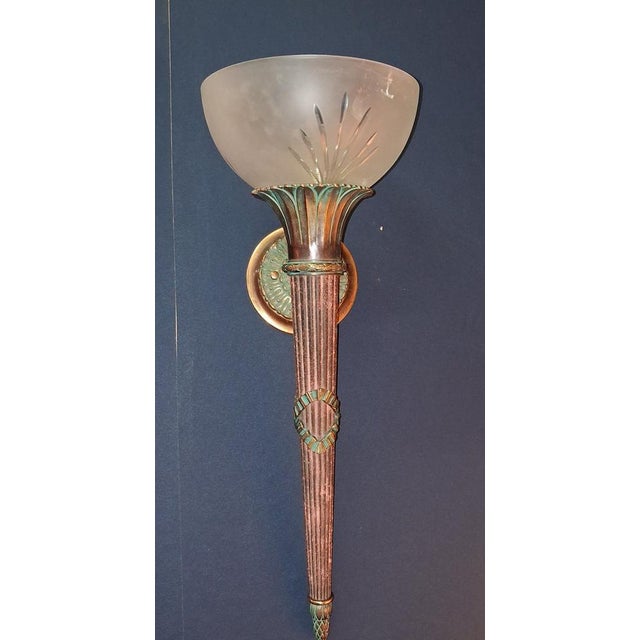 1920s Antique Wall Sconces in Patinated Bronze and Frosted Glass, 1920s, Set of 2 For Sale - Image 5 of 6