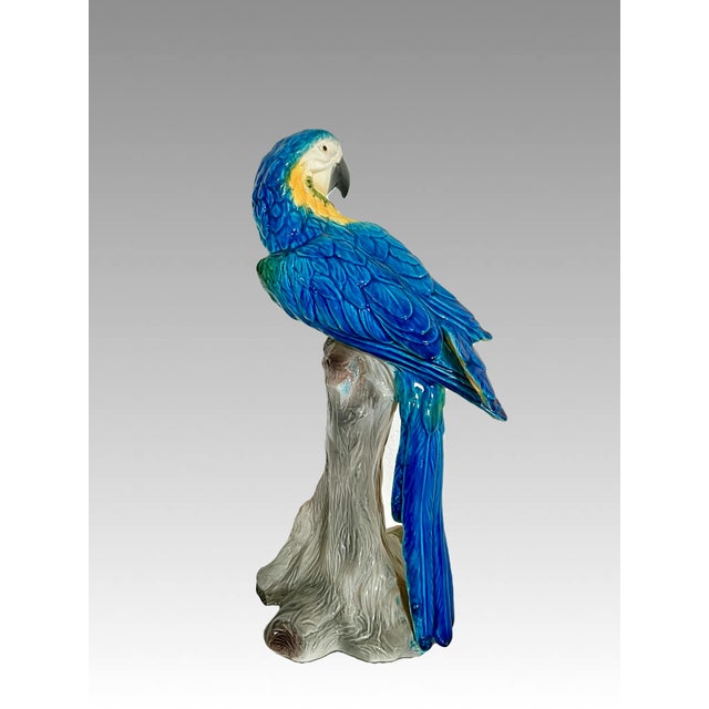 Paint Large Mid Century Italian Royal Blue and Yellow Ceramic Hand Painted Majolica Macaw (Parrot) For Sale - Image 7 of 12