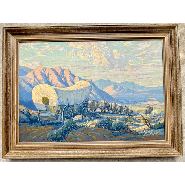 Traditional Gilbert Tonge, California (1883-1970) Western Landscape With Covered Wagon, Oil on Board For Sale - Image 3 of 7