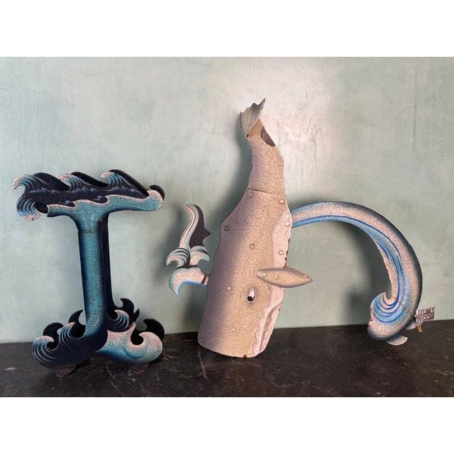 Vintage Folk Art Carved Whale Kinetic Sculpture on Stylized Ocean Base For Sale - Image 10 of 10