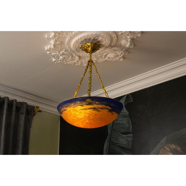 French Art Nouveau Blue & Orange Mottled Glass Pendant Light by G.V. Croismare For Sale - Image 4 of 18