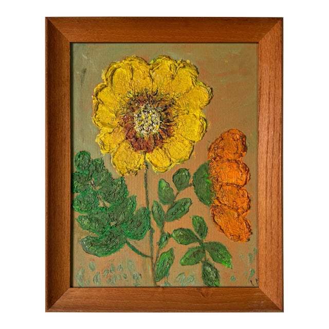 1970s Vintage Heavy Impasto Still Life Sunflowers Oil on Board Painting – Signed l.m. For Sale