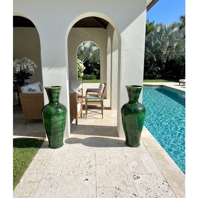 Emerald Pair of Massive 38" Hand-Glazed Emerald Green Moroccan Terracotta Vases For Sale - Image 8 of 9