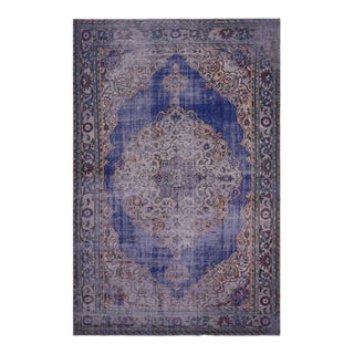 1970s Vintage Handmade Wool Cotton Blue Area Rug For Sale