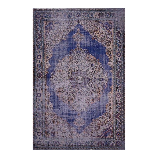 1970s Vintage Handmade Wool Cotton Blue Area Rug For Sale