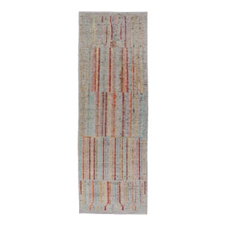 Modern Casual Hand Knotted Piled Runner in Color and Minimalist Modern Design For Sale