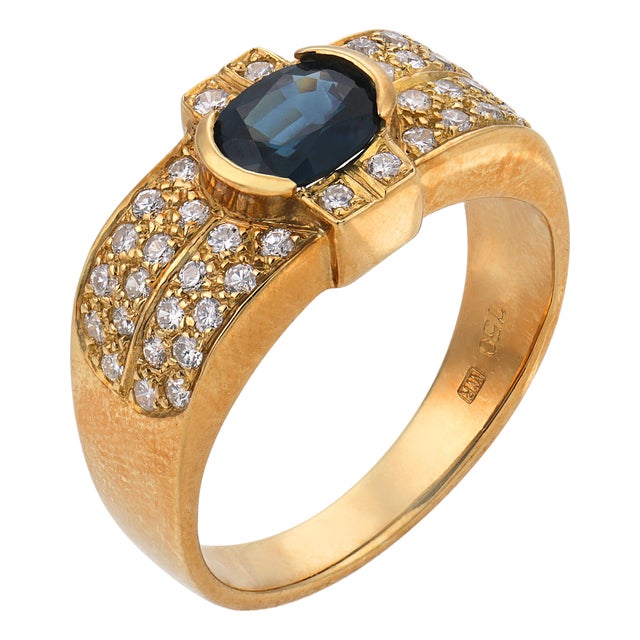 Vintage Sapphire Diamond 18k Yellow Gold Ring, Size 6 For Sale
