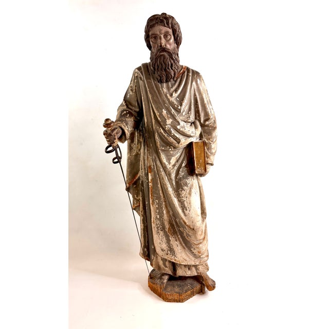 Hand-Carved Statue of Saint Paul with Sword, Late 1700s, Oak & Metal For Sale - Image 3 of 13