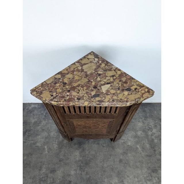 Louis XVI Style Corner Cabinet in Marquetry with Breccia Marble Top For Sale - Image 3 of 5