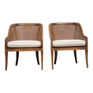 Vintage Regency Style Carved and Caned Barrel Back Tub Chairs Bergeres - Pair For Sale