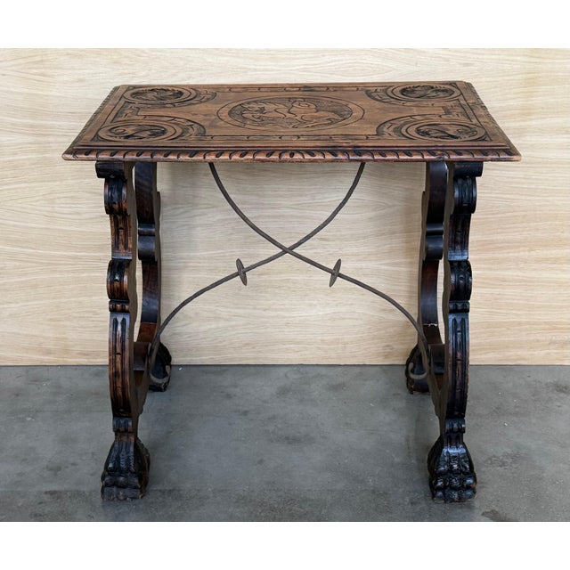Side Table of Walnut with Carved Lyre Legs and Top, Spanish, 19th Century For Sale - Image 16 of 18