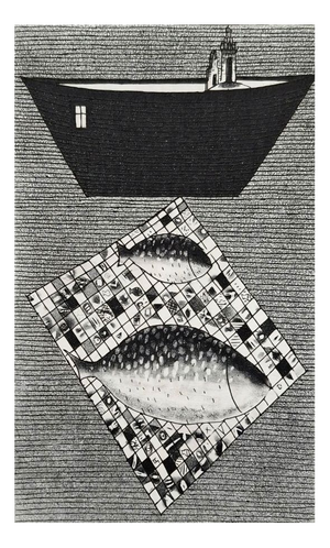 Jerzy Dmitruk, Goldfish on the Way to Work (A Visual Documentation of Miracles), 2021, Etching
