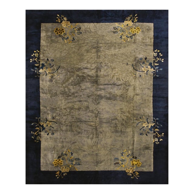 1920s Antique Solid Gray Art Deco Chinese Peking Wool Knotted 9' 2"x11' 3" Rug For Sale