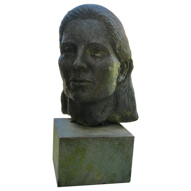 Olive Bust of Young Woman on Slate Block, 1960s For Sale - Image 8 of 8