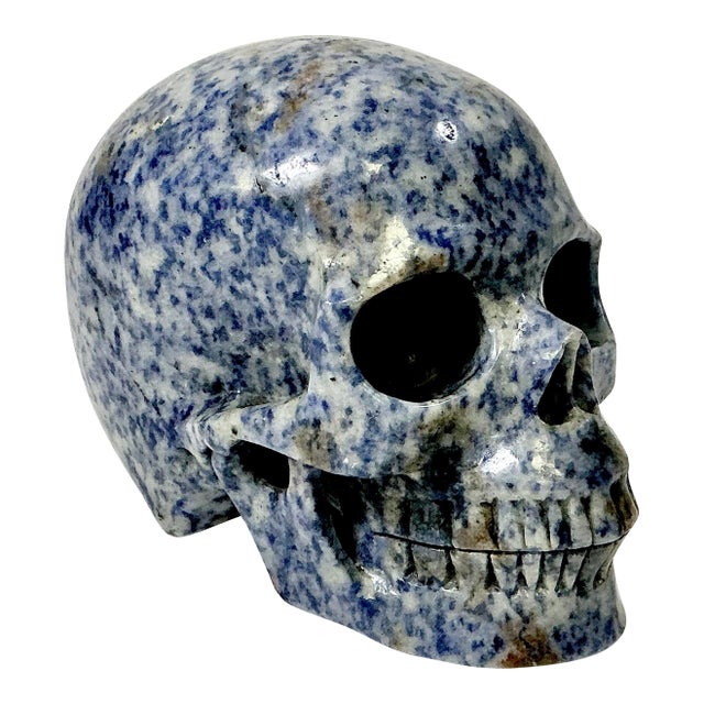 1970s Vintage Abstract Expressionism Boho Chic Hand Carved Blue Speckled Sodalite Skull Sculpture For Sale