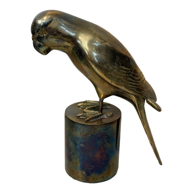 Stunning Mid Century Solid Brass Macaw Parrot Figure Regal Patina Decor Heavy For Sale