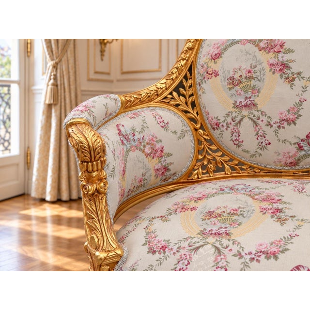 1970 French Artisan Louis XVI Gold Damask Settee For Sale - Image 6 of 13