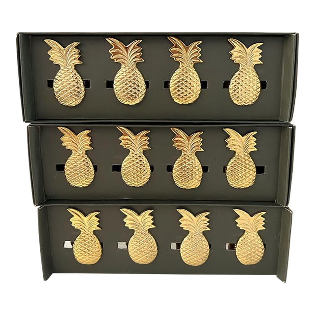 Vintage Polished Brass Pineapple Napkin Rings, Set of 12 For Sale