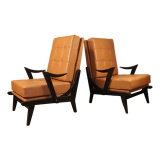 Vintage Armchair in Black Wood and Caramel Leather, 1950s For Sale