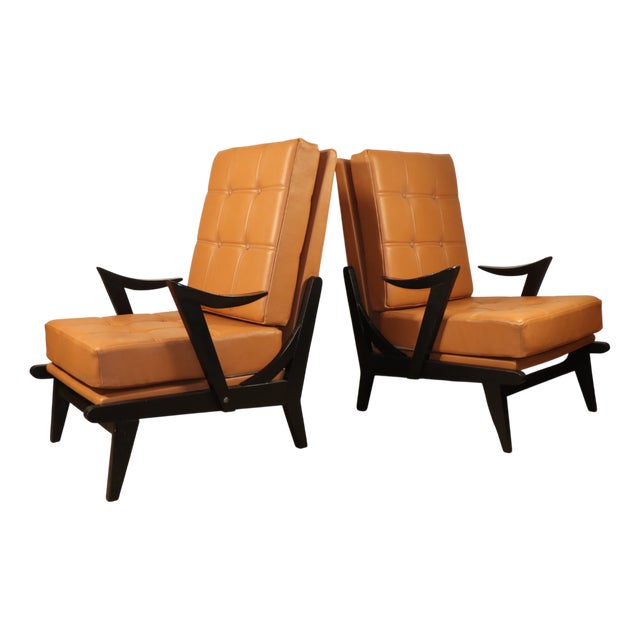 Vintage Armchair in Black Wood and Caramel Leather, 1950s For Sale