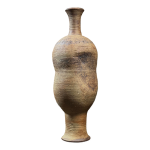 Vintage Modernist Etched Earthenware Footed Long Neck Vase