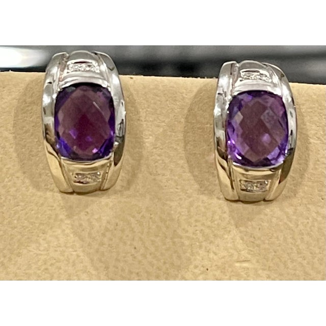 6 Carat Amethyst and Diamond 14 Karat White Gold Earrings, Omega Back For Sale - Image 16 of 18