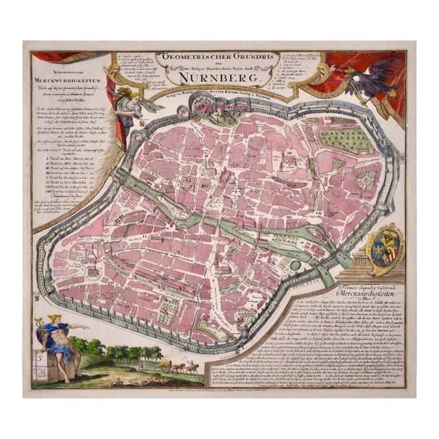 City View of Nuremberg, Germany: An 18th Century Hand-Colored Map by M. Seutter For Sale