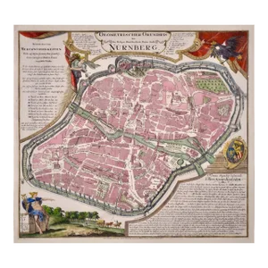 City View of Nuremberg, Germany: An 18th Century Hand-Colored Map by M. Seutter