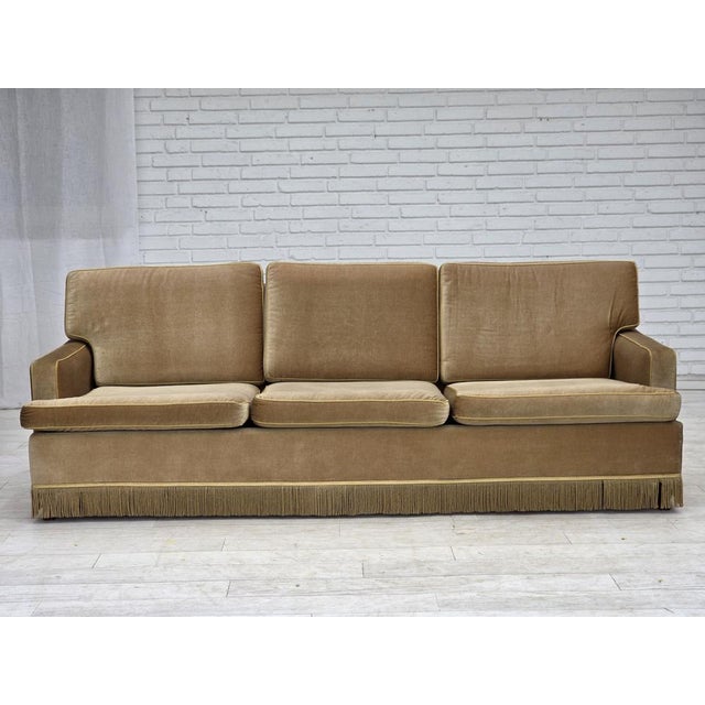 1970s, Danish 3-seater sofa. Original honey yellow furniture velour, beech wood legs. Original good condition: no smells,...