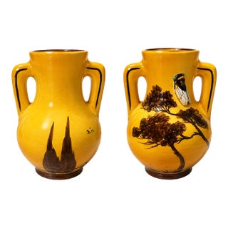 Vintage French Provençal Cicada Vase Attributed to Louis Sicard – Hand-Painted Yellow Glazed Pottery For Sale
