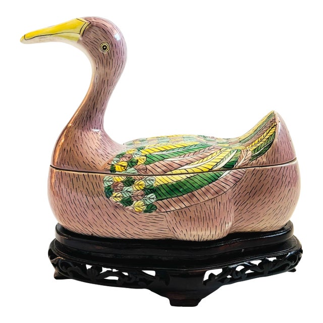 Chinese Porcelain Duck Tureen on Carved Wood Stand For Sale