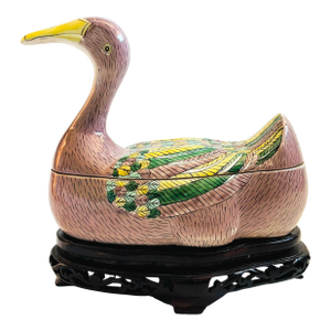 Chinese Porcelain Duck Tureen on Carved Wood Stand