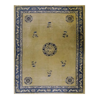 1920s Beige Field Medallion Deco Antique Chinese Peking Room Size Knotted Rug For Sale