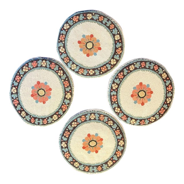 Vintage Handwoven Greek Wool Chair Cushions-Set of 4-Floral Round Folk Art-Pads For Sale