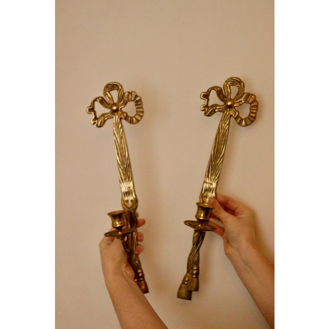 Gold Mid-Century French Brass Bow Sconces, Set of 2 For Sale - Image 8 of 10