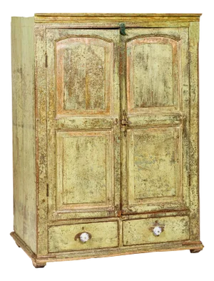 Distressed Green Painted Indian Cabinet with Paneled Doors and Two Drawers