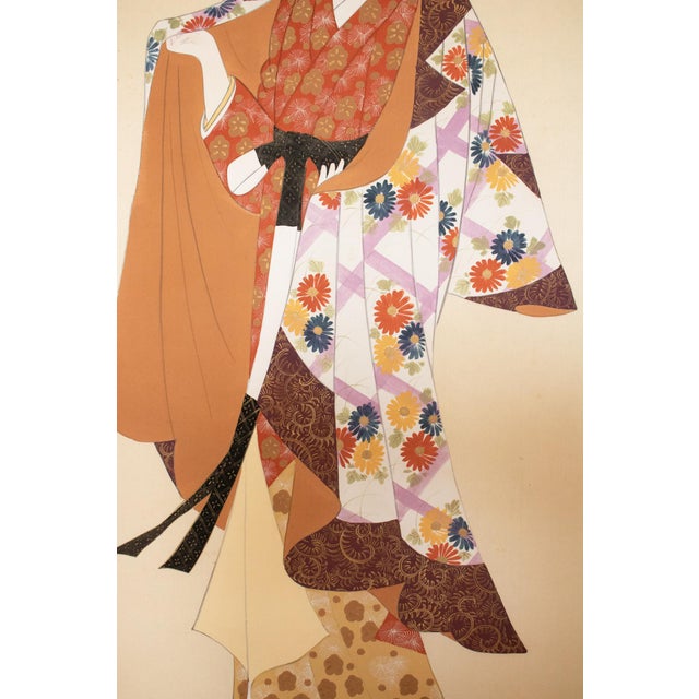 Wood "Kimono Beauty" by Biho, C. 1950s Showa Era Japanese Silk Scroll Painting For Sale - Image 7 of 18