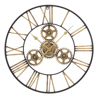 Industrial Iron Gears Wall Clock with Roman Numerals 23.75"D For Sale