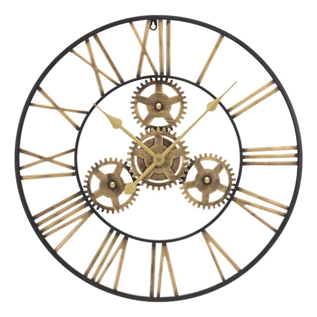 Industrial Iron Gears Wall Clock with Roman Numerals 23.75"D For Sale