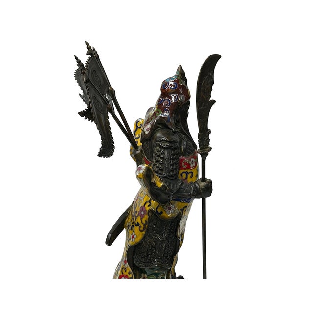 Vintage Cloisonne Yellow Enamel General Guan Yu Warrior Metal Statue For Sale - Image 10 of 18