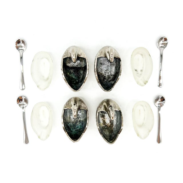 Set of Four Silver -Plated Swan Salt Cellars With Glass Inserts and Spoons — Vintage Tableware, Hollywood Regency Style For Sale In Houston - Image 6 of 13