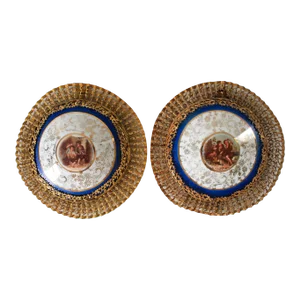 Pair of Vintage Victorian Porcelain & Brass Filigree Wall Hangings