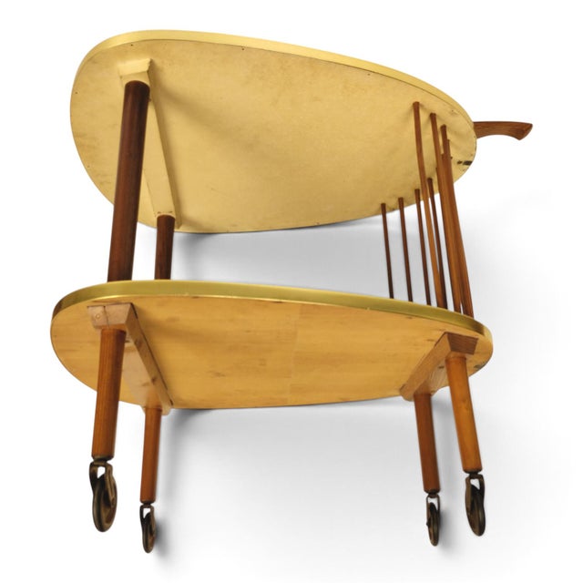 Yellow Mid-Century Modern Scandinavian Kidney-Shaped Wooden Bar Cart Serving Trolley, 1960s For Sale - Image 8 of 17