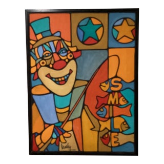 Mid 20th Century Modern Colorful Cubist-Style Framed Painting With Smiling Clown “ Smile “ by Wrasky For Sale
