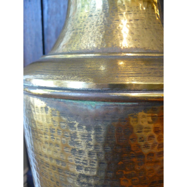 Vintage Hammered Brass Lamp With Silk Shade For Sale - Image 4 of 13